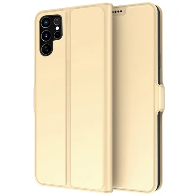 For Samsung Galaxy S22 Ultra 5G PU Leather Folding Stand Cover Card Slot Design Magnetic Protect Flip Phone Case - Gold