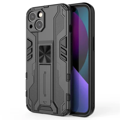 For iPhone 14 6,1 tommer fleksibel TPU og hårde PC skockabsorberende etui med foldbar støtte og frihænder - Sort