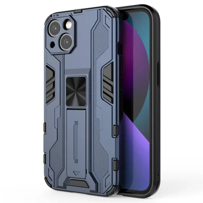 For iPhone 14 Plus 6.7 inch Shockproof Hard PC+Soft TPU Cell Phone Cover Camera Protection Kickstand Back Case - Blue