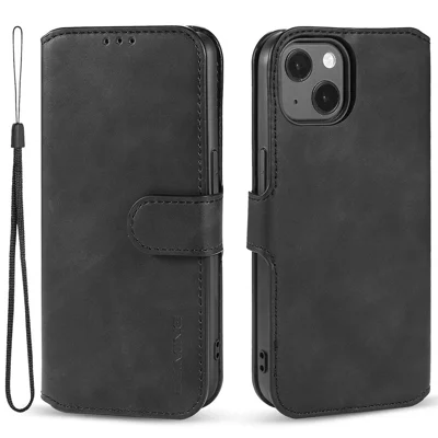 DG.MING For iPhone 14 Plus 6.7 inch Anti-scratch PU Leather Wallet Phone Case Stand Retro Style Magnetic Closure Phone Cover - Black