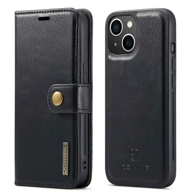 DG.MING Pour iPhone 14 6.1 pouces Étui magnétique détachable en cuir fendu Portefeuille Support Antichoc Rabat Housse de protection - Noir