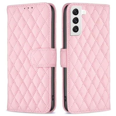 BINFEN COLOR For Samsung Galaxy S22 5G BF Style-14 Imprinted Rhombus Pattern Case Flip Stand Matte PU Leather Wallet Cover - Pink