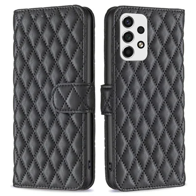 BINFEN COLOR For Samsung Galaxy A53 5G BF Style-14 Imprinted Rhombus Pattern Case Scratch Resistant Stand Matte PU Leather Wallet Cover - Black