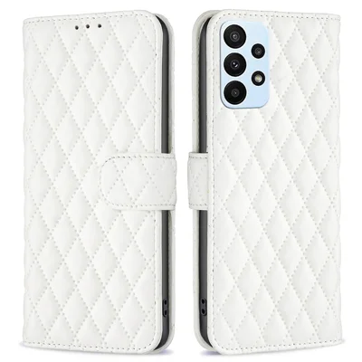 Funda BINFEN COLOR para Samsung Galaxy A23 5G (versión global) / 4G BF Estilo-14 con diseño estampado de rombos, protección completa, soporte, tapa cartera de cuero PU mate - Blanco