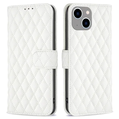 BINFEN COLOR For iPhone 14 Plus 6.7 inch BF Style-14 Matte PU Leather Imprinted Rhombus Pattern Case Adjustable Stand Wallet Cover - White