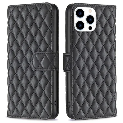 Binfen Farbe Für Iphone 14 Pro 6,1 Zoll BF Style-14 Matte PU Leder Impressiertes Rhombusmuster Vollgepacktes Häuse-ständer Brieftasche Abdeckung - Schwarz