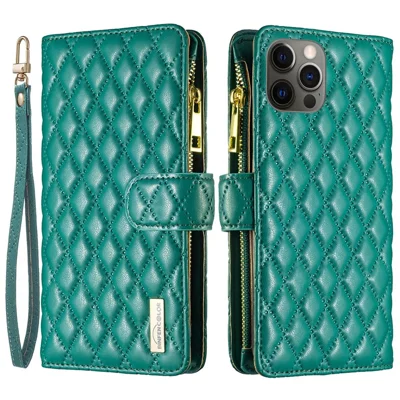 BINFEN COLOR BF Style-15 Cellphone Shell for iPhone 12 / 12 Pro 6.1 inch, Imprinted Rhombus Pattern Case with Zipper Pocket Stand Matte PU Leather Wallet Cover - Green