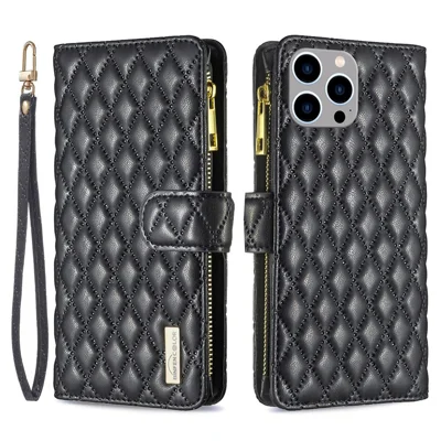 BINFEN COLOR for iPhone 14 Pro Max 6.7 inch BF Style-15 Zipper Pocket Imprinted Rhombus Pattern Case Flip Stand Matte Shockproof PU Leather Wallet Cover - Black