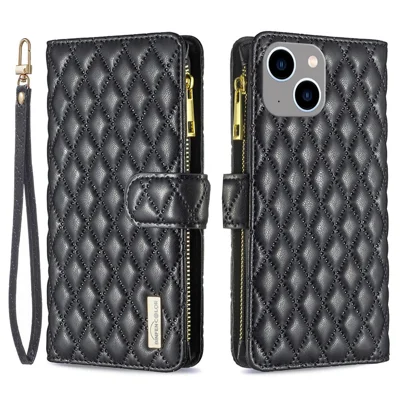 BINFEN COLOR for iPhone 14 Plus 6.7 inch BF Style-15 Anti-fall Zipper Pocket Imprinted Rhombus Pattern Case Flip Stand Matte PU Leather Wallet Cover - Black