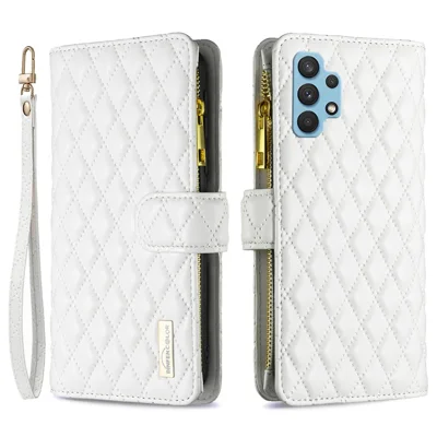 BINFEN COLOR for Samsung Galaxy A32 4G (EU Version) BF Style-15 Rhombus Pattern Imprinted Protective Case with Zipper Pocket Stand Matte PU Leather Wallet Cover - White
