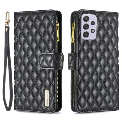 BINFEN COLOR for Samsung Galaxy A52 4G / 5G / A52s 5G BF Style-15 Imprinted Rhombus Pattern Protective Case with Zipper Pocket Stand Matte PU Leather Wallet Cover - Black