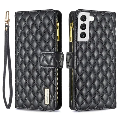 BINFEN COLOR for Samsung Galaxy S22 5G BF Style-15 Imprinted Rhombus Pattern Case with Zipper Pocket Hands-free Stand Matte PU Leather Wallet Cover - Black