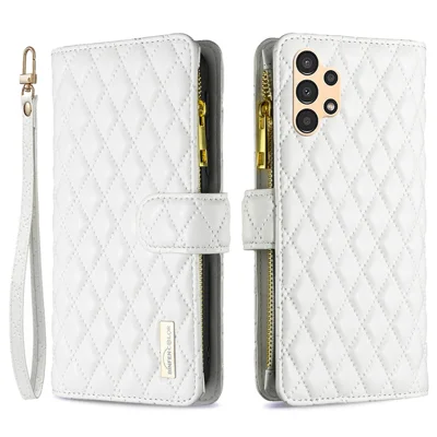 BINFEN COLOR for Samsung Galaxy A13 4G / 5G / A04s 4G (164.7mm) Phone Flip Wallet Case Stand with Zipper Pocket and Imprinted Rhombus Pattern - White