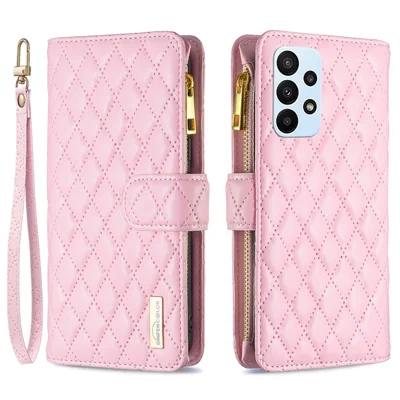 BINFEN COLOR étui de protection antichoc avec motif de losange imprimé BF Style-15 pour Samsung Galaxy A23 5G (version internationale) / 4G / M23 5G avec poche à fermeture éclair - Rose