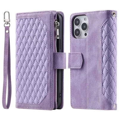 For iPhone 13 Pro 6.1 inch 005 Wallet Design Folio Flip Magnetic Phone Cover Rhombus Grid Texture PU Leather Zipper Pocket Stand Case - Purple