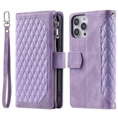 005 Rhombus Grid Textured PU Leather Phone Case for iPhone 14 Plus 6.7 inch, Zipper Pocket Stand Wallet Cover with Strap - Purple
