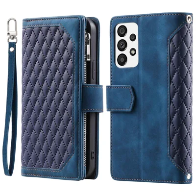 005 Style for Samsung Galaxy A73 5G Rhombus Texture Smartphone Cover PU Leather Zipper Pocket Stand Wallet Drop-proof Case with Strap - Blue