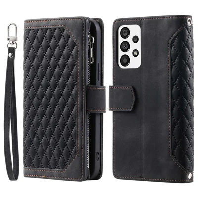 Funda tipo cartera con textura de rombos, estilo 005 para Samsung Galaxy A23 5G (versión global) / 4G, carcasa completa de cuero PU con bolsillo con cremallera, soporte y correa - Negro