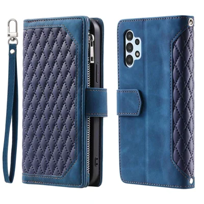 005 Style for Samsung Galaxy A32 5G / M32 5G Zipper Pocket Design Phone Stand Wallet PU Leather Cover Rhombus Texture Protective Case Shell with Strap - Blue