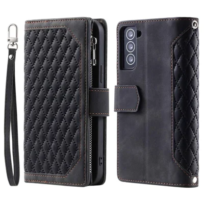 005 Style for Samsung Galaxy S22 5G Stylish Rhombus Texture PU Leather Phone Cover Zipper Pocket Card Cash Holder Shockproof Shell with Wrist Strap - Black
