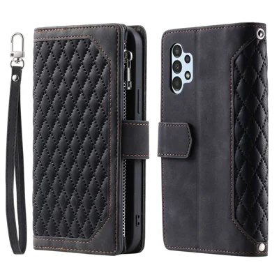 005 Style for Samsung Galaxy A32 4G (EU Version) Rhombus Texture PU Leather Phone Shockproof Cover Zipper Pocket Stand Wallet Case with Wrist Strap - Black