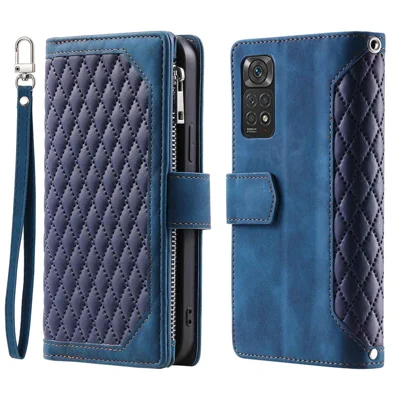 005 Style PU Leather Phone Cover for Xiaomi Redmi Note 12 Pro 4G / Note 11 Pro 4G (Mediatek) / 11 Pro 5G (Qualcomm), Rhombus Texture Zipper Pocket Shell Stand Wallet Case with Strap - Blue