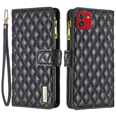 BINFEN COLOR for Samsung Galaxy A03 (166.5mm) Imprint Rhombus Zipper Pocket Phone Case PU Leather Wallet Stand Cover - Black