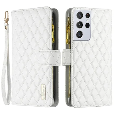 BINFEN COLOR BF Style-15 for Samsung Galaxy S21 Ultra 5G Rhombus Pattern Imprinted Stand Leather Case Matte Protective Phone Cover with Wallet Zipper Pocket - White