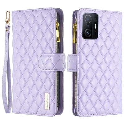 BINFEN COLOR BF Style-15 for Xiaomi 11T 5G / 11T Pro 5G Matte PU Leather Stand Case Wallet Style Zipper Pocket Rhombus Pattern Imprinted Phone Cover - Purple