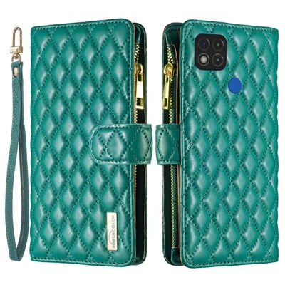BINFEN COLOR voor Xiaomi Redmi 9C 4G / 9C NFC 4G / Poco C31 4G / Redmi 10A 4G BF Style-15 Portemonnee-impressie Ruitpatroon Matte PU Leren Beschermhoes met Ritsvak - Groen
