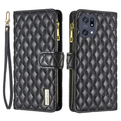 BINFEN COLOR BF Style-15 for Oppo Find X5 Pro 5G Drop-proof Zipper Pocket Protective Cover Imprinted Rhombus Pattern Matte PU Leather Wallet Case with Stand - Black