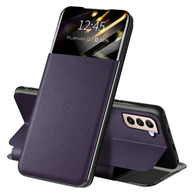 For Samsung Galaxy S21 FE 5G Card Slot Folio Flip Phone Case PU Leather View Window Stand Cover - Purple