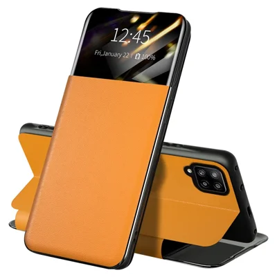For Samsung Galaxy A42 5G Full Protection Stand Card Slot Phone Case PU Leather Protective Cover with View Window - Yellow
