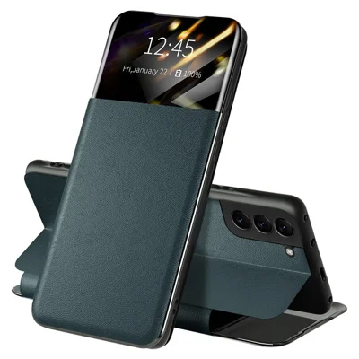 For Samsung Galaxy S22 5G Shockproof Leather Cover Stand Card Slot View Window Phone Case Protector - Blackish Green