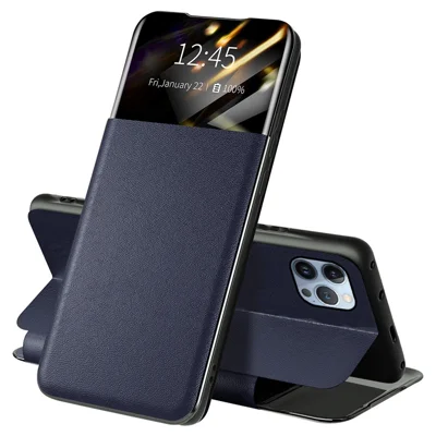 For iPhone 13 Pro 6.1 inch View Window PU Leather Stand Cover Card Slot Flip Folio Phone Case - Blue