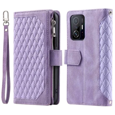 005 Style Protection Cover for Xiaomi 11T 5G / 11T Pro 5G, Supporting Stand Wallet Rhombus Texture PU Leather Zipper Pocket Design Phone Case with Strap - Purple