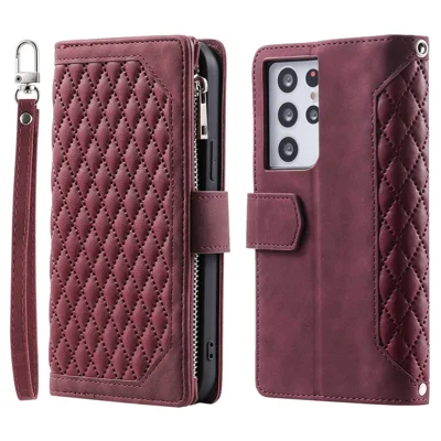 005 Style for Samsung Galaxy S21 Ultra 5G Rhombus Texture Leather Stand Case Zipper Pocket Wallet Phone Cover with Wrist Strap - Wine Red