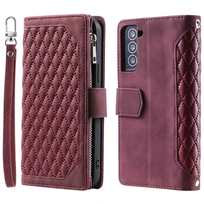 005 Style for Samsung Galaxy S21 FE 5G Rhombus Texture Anti-drop Phone Case PU Leather Zipper Pocket Stand Wallet Cover with Wrist Strap - Wine Red