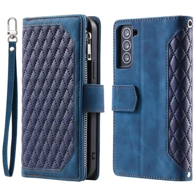 005 Style for Samsung Galaxy S21 4G / 5G Zipper Pocket Rhombus Texture Wallet Case PU Leather Stand Phone Cover with Wrist Strap - Blue