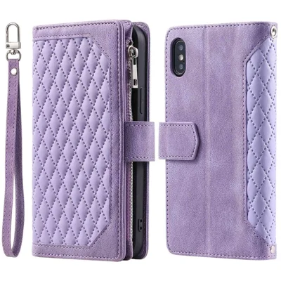 005 Style for iPhone X / XS Max 6.5 inch Rhombus Texture Stand Wallet Case Zipper Pocket PU Leather Phone Cover with Wrist Strap - Purple