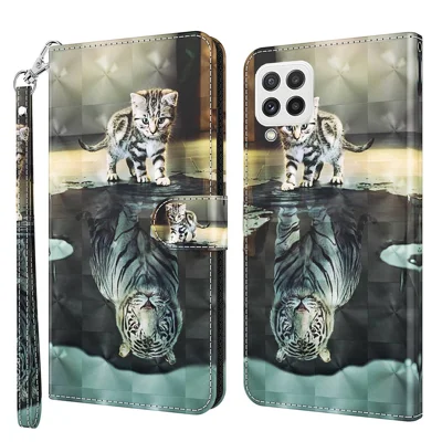 For Samsung Galaxy A22 4G (EU Version) / M32 (Global Version) 4G / M22 4G Anti-fall PU Leather Phone Stand Case 3D Pattern Printed Magnetic Closure Wallet Phone Cover with Strap - Cat / Tiger