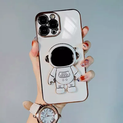 Astronaut Kickstand Phone Case for iPhone 13 Pro 6.1 inch, Electroplating Frame Anti-drop Soft TPU Cover - White