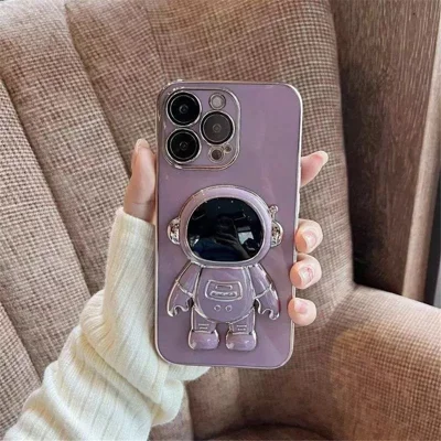 For iPhone 13 Pro Max 6.7 inch Astronaut Kickstand TPU Phone Case Electroplating Anti-scratch Protective Cover - Purple
