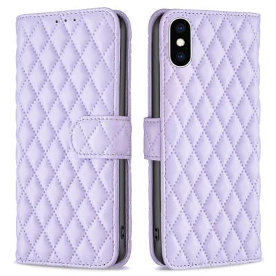 BINFEN COLOR For iPhone XS Max 6.5 inch Wallet Cover, BF Style-14 Imprinted Rhombus Pattern Overall Coverage Stand Matte PU Leather Case - Purple