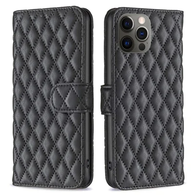 BINFEN COLOR For iPhone 12 Pro 6.1 inch BF Style-14 Imprinted Rhombus Pattern Leather Wallet Case with Credit Card Holder Flip Folio Book Magnetic PU Phone Cover - Black