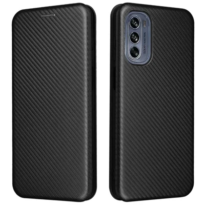 For Motorola Moto G62 5G PU Leather Carbon Fiber Texture Phone Case Stand Card Holder Full Protection Cover - Black