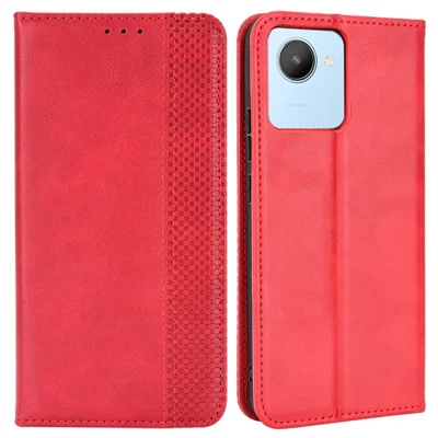 For Realme C30 4G Anti-fingerprint Retro PU Leather Wallet Case Stand Function Flip Auto Closing Magnetic Cover - Red