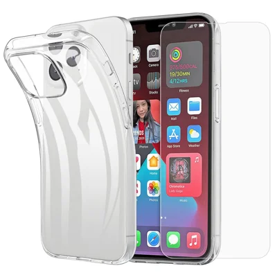 For iPhone 14 Plus 6.7 inch Mobile Phone Case TPU Anti-dust Phone Shell with 2.5D Arc Edge Tempered Glass Screen Film