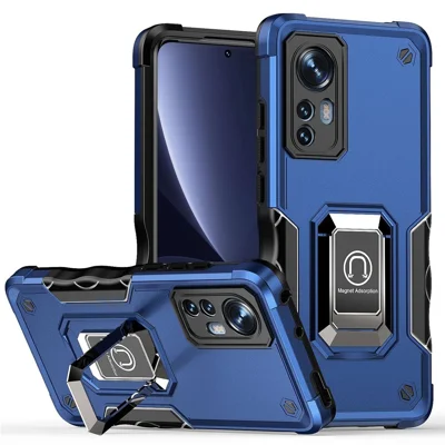 For Xiaomi 12 5G  /  12S 5G  /  12X 5G Anti-fingerprint Hard PC Soft TPU Hybrid Phone Case Holder Kickstand Phone Covering Shell - Blue
