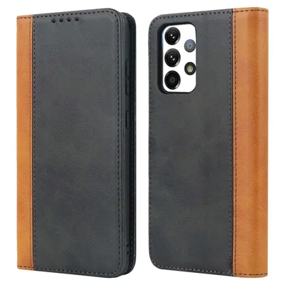 For Samsung Galaxy A52s 5G / A52 4G / 5G Shockproof Flip Cover Bi-color Splicing Magnetic Auto-absorbed PU Leather Phone Case with Wallet Stand - Black / Yellow